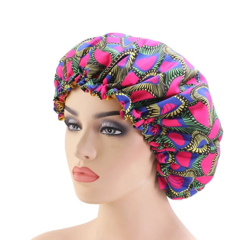 Occident Style ANKARA Pattern Double Layer Satin Silk Reversible Bonnets with Adjustable Elastic Band for Daily Use Four Seasons