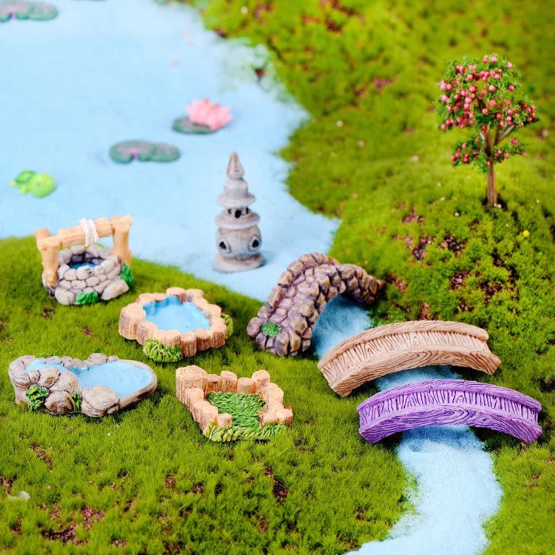 Artificial Retro Bridge Well Resin Craft Fairy Garden Miniature Ancient Building Sculpture StatueVintage Home Mini Garden Decor