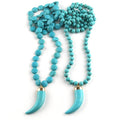 Fashion Women Bohemian Tribal Jewelry Flat Round Turquoise Stone Long Knotted Stone Ox Horn Pendant Necklace