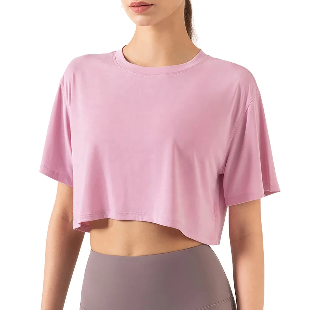 Plain Workout Crop Tops for Women Short Sleeve Boxy Cropped T Shirt Femme Athletic Sports Running T-Shirts