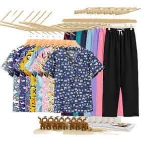 In Stock T62030 Cartoon Print Scrub Tops Two Piece Women Set Track Suit Koi Nursing Uniform