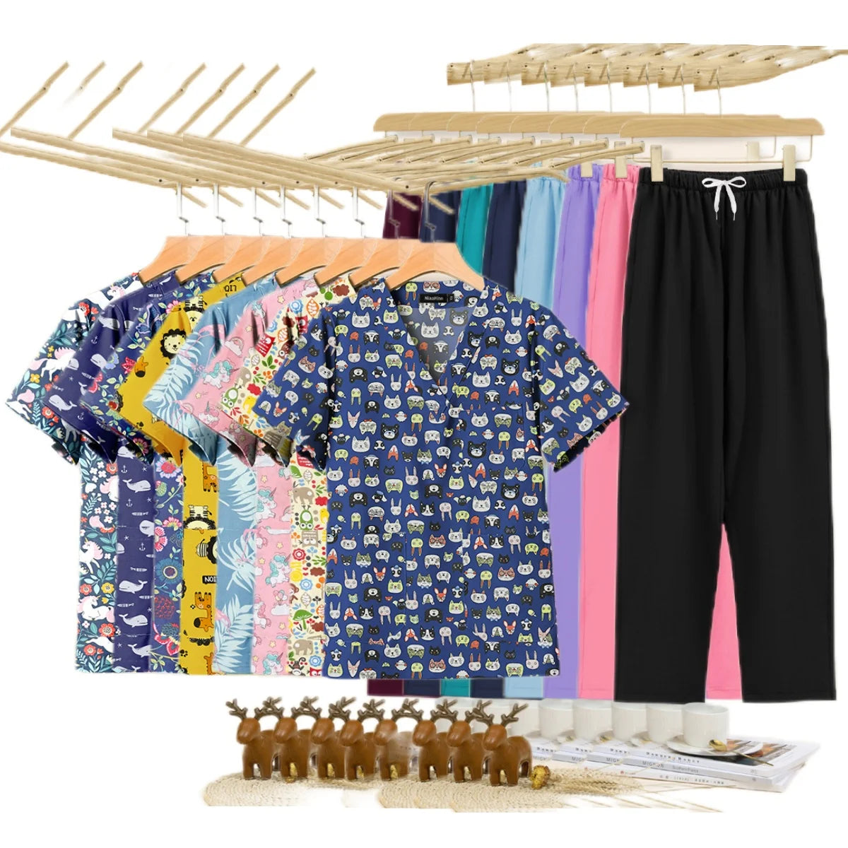 In Stock T62030 Cartoon Print Scrub Tops Two Piece Women Set Track Suit Koi Nursing Uniform