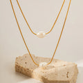 18K Gold Plated Waterproof Stainless Steel Chain Simple Pearl Pendant Double Layer Necklace