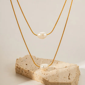 18K Gold Plated Waterproof Stainless Steel Chain Simple Pearl Pendant Double Layer Necklace