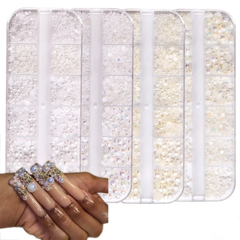 12 Grids/Pack Mix Sizes Half Round Pearls Flat Back White Black Resin Beads Diy Jewelry Making Pearls for Nails
