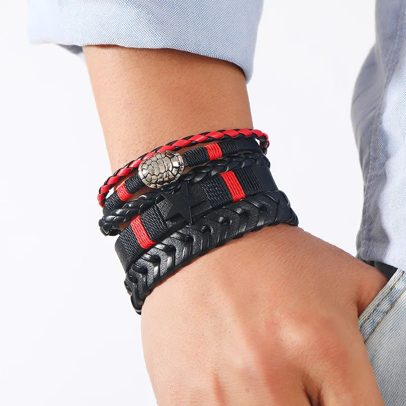 Wholesale Fashion Multi-layer Woven Bracelet New Black Star Leather Design Personalized Charm Bracelets for Men and Women