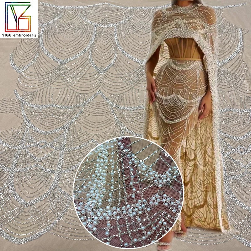Luxury French Bridal Wedding Tulle Lace Beaded Sequins and Pearls Fabrics for European Style Dress