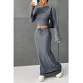 F230699 Custom Women Fall Winter Fashion Clothes O-neck Long-sleeved Crop Top Shirt and Long Maxi Two Piece Skirt Set