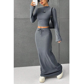 F230699 Custom Women Fall Winter Fashion Clothes O-neck Long-sleeved Crop Top Shirt and Long Maxi Two Piece Skirt Set