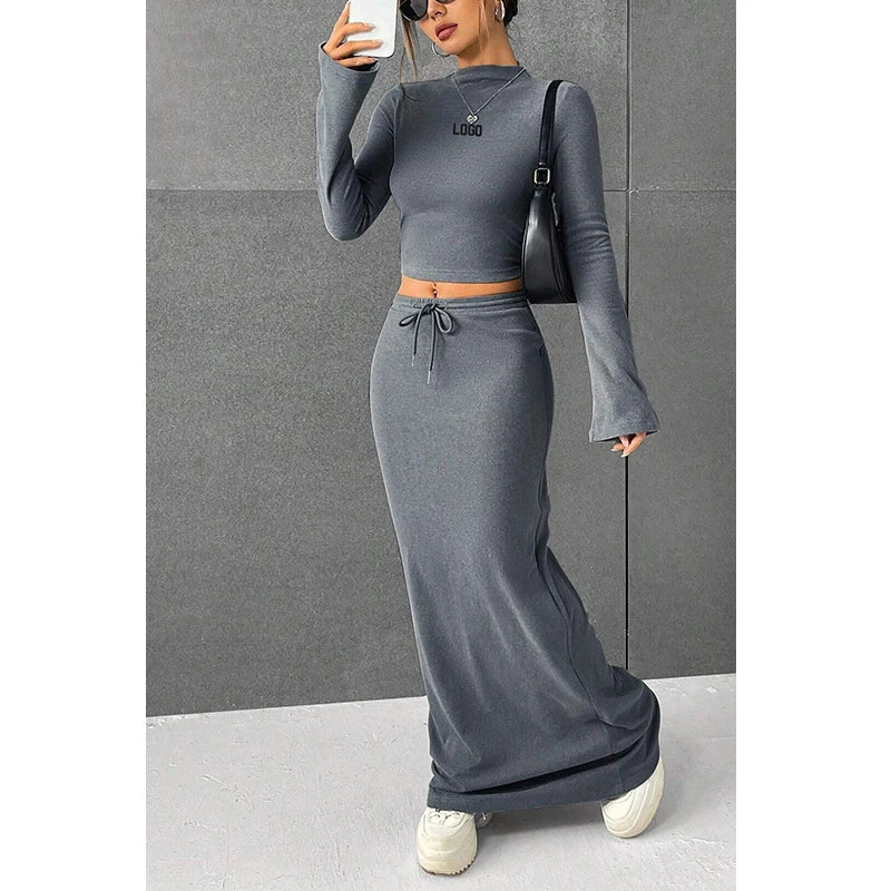 F230699 Custom Women Fall Winter Fashion Clothes O-neck Long-sleeved Crop Top Shirt and Long Maxi Two Piece Skirt Set
