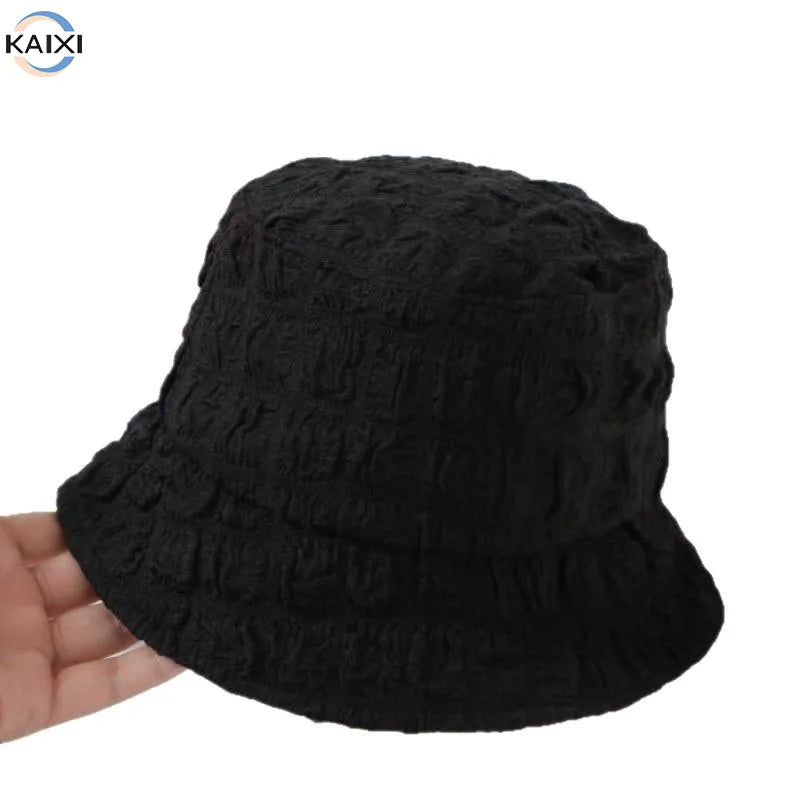 Women's Summer Thin Seersucker Ladies Bucket Hats 2022 New Pleated All-match Fashion Sunshade Bucket Hat
