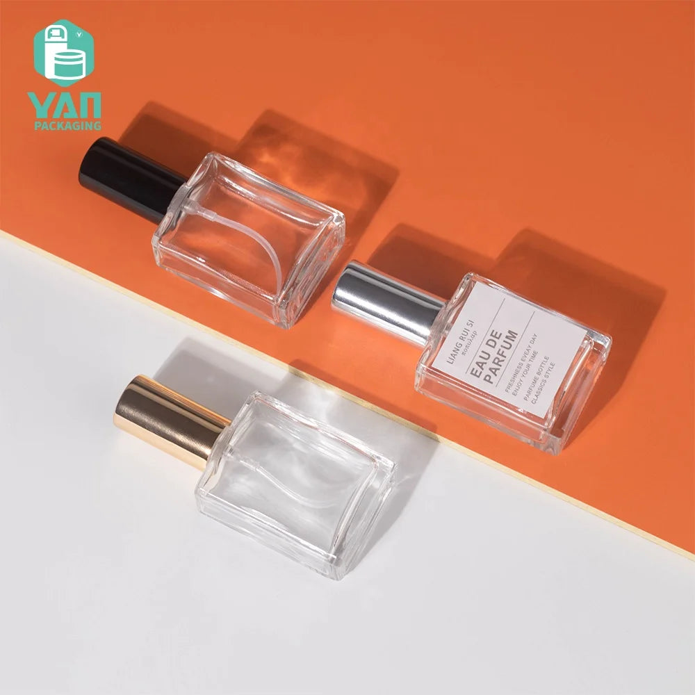 YAN Packaging 15ml Clear Empty Flat Square Glass Bottle Shiny Aluminum Sprayer Cap Perfume Storage Cosmetics. Screen Printing