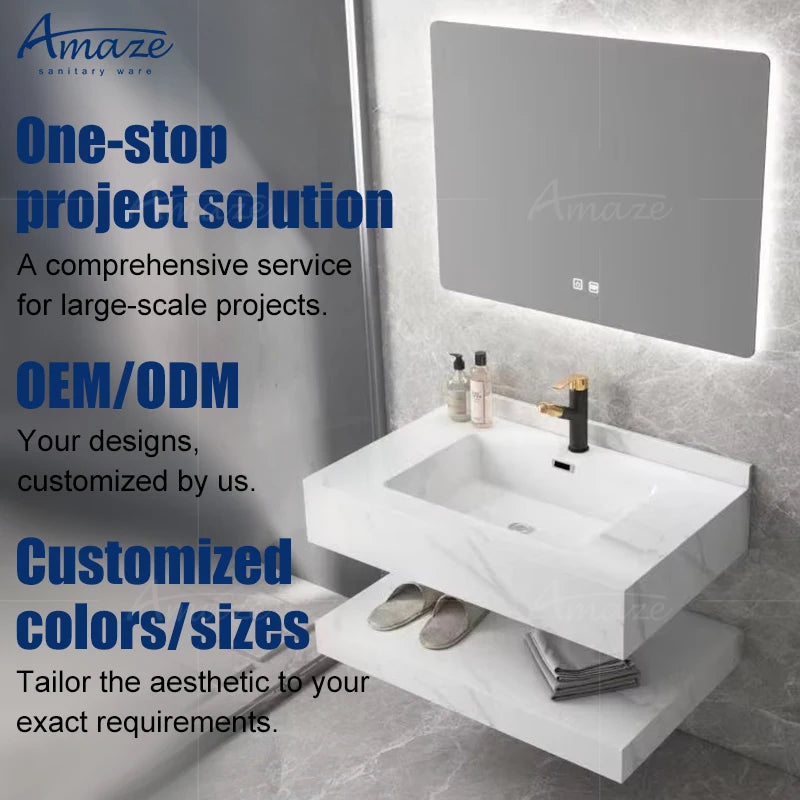 Double-layer Wall Hung Rectangle Lavabo Luxury Bathroom Vanity Sink White Sintered Stone Cabinet Hand Wash Basin