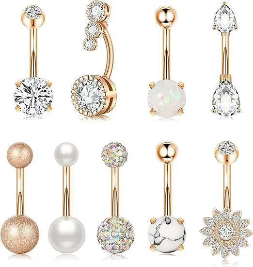9 Pcs/set Stainless Steel Belly Ring Flower Heart CZ Crystal Navel Belly Button Rings Butterfly Navel Piercings