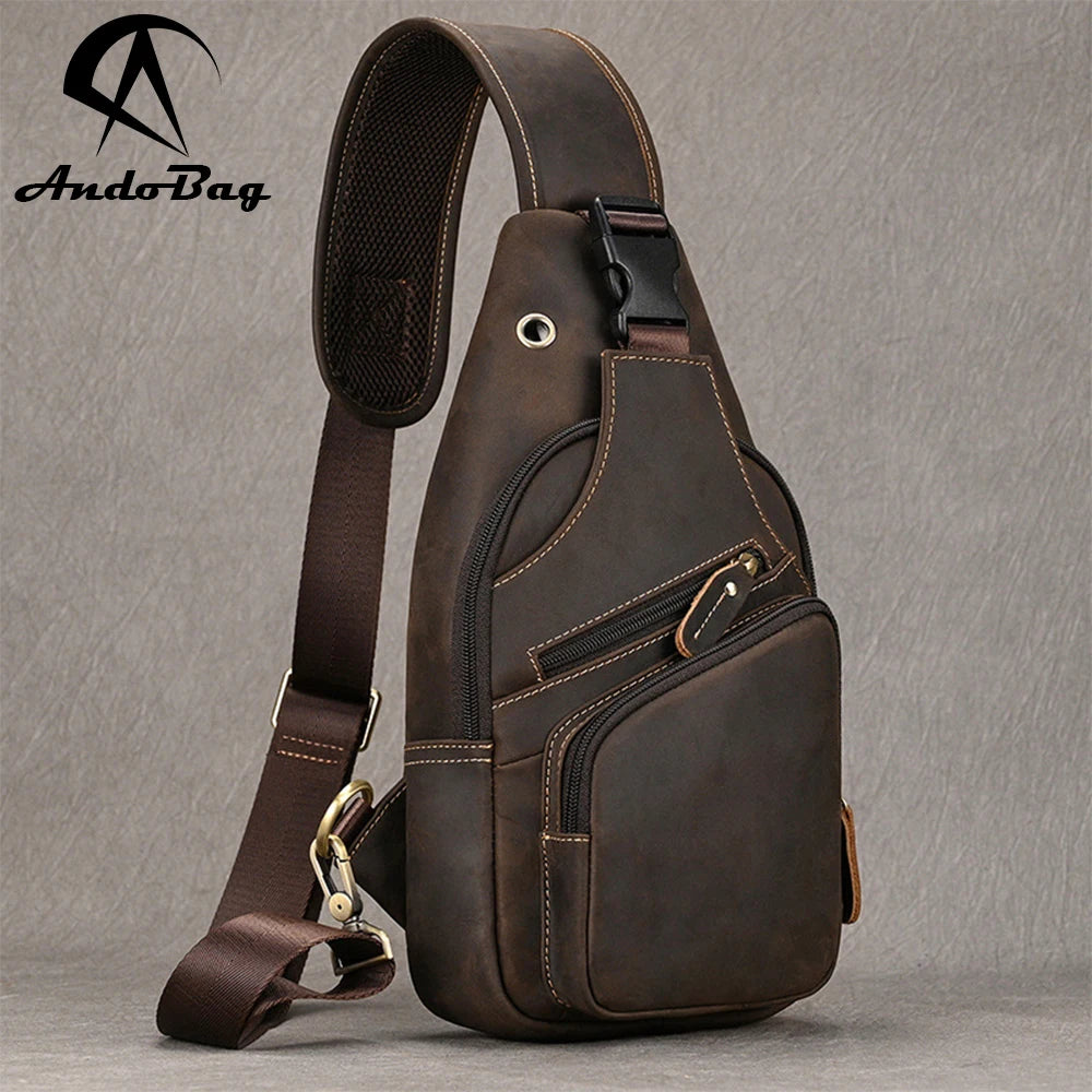 AndoBag Crazy Horse Leather Chest Bags for Men Casual Retro Genuine Cowhide Outdoor Commute Shoulder Crossbody Bag 9455