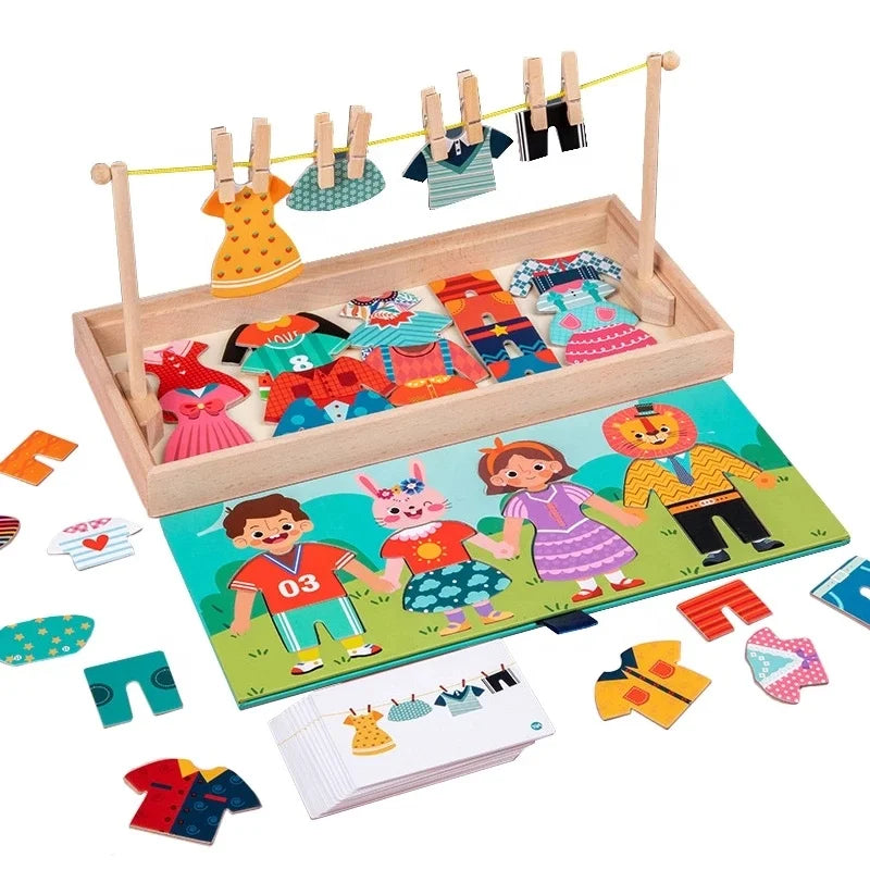 Kids Wooden Toys Pretend Clothes Drying Dress-Up Jigsaw Puzzle Thinking Games Educational Matching Sorting Gifts Toys for Girl