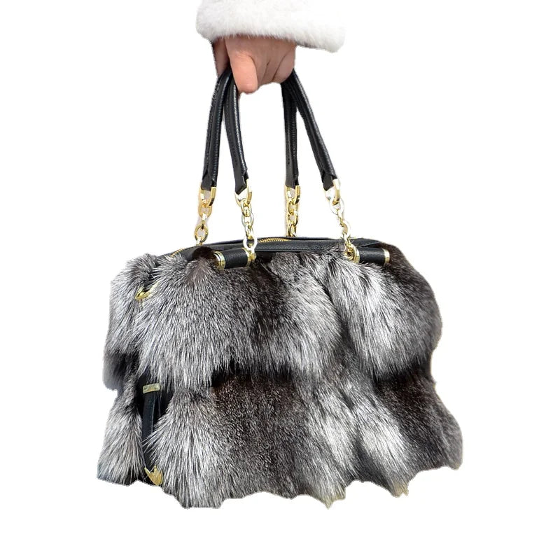 MWFur Luxury Handbag Silver Fox Fur with Leather Lady's Bag Women One-shoulder Fluffy Fox Fur Bag for Lady