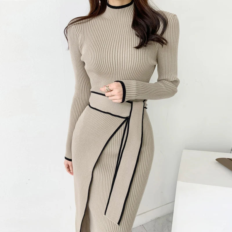 Wholesale 2026 Autumn New Chic Elegant Stand-up Collar Contrast Color Bandage Waist Slimming Long-sleeved Knitted Dress