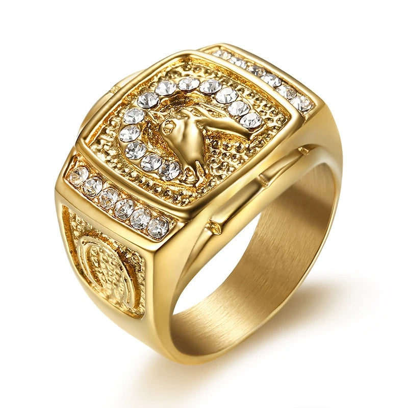 Hip-Hop Jewelry Stainless Steel 18K Gold Plated Diamond Horse Head Men Ring