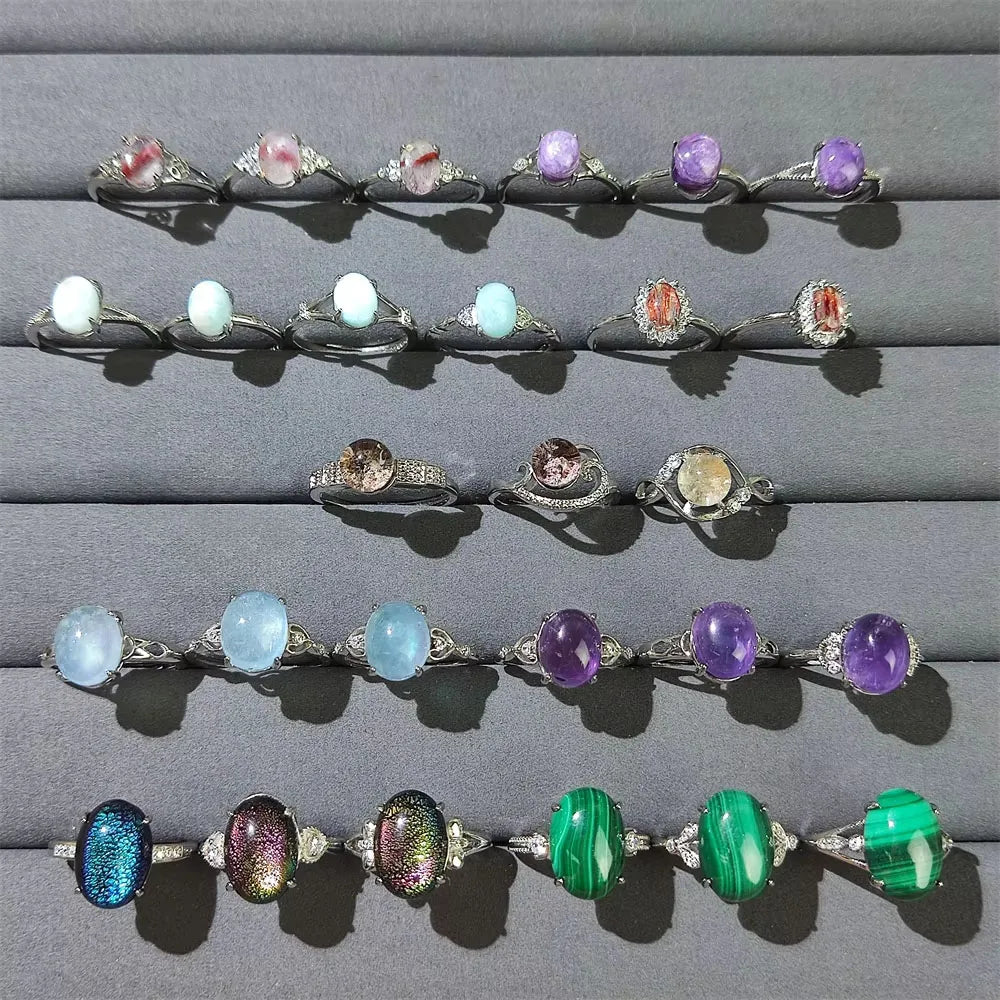 Latest Hot Sale Design Energy Natural Stone Purple Amethyst Oval Cut Gemstone Silver Adjustable Ring for Birthstone Jewelry Gift
