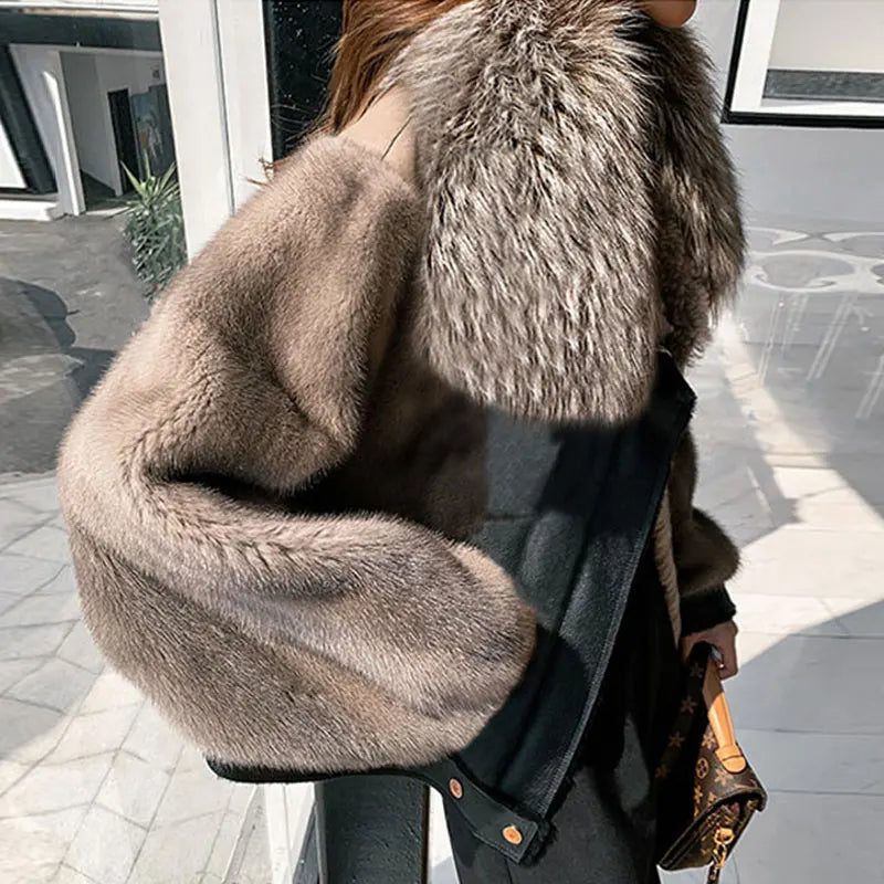 OFTBUY 2021 Natural Mink Double Faced Fur Coat New Winter Jacket Women Real Fox Fur Collar Warm  Fashion Outerwear