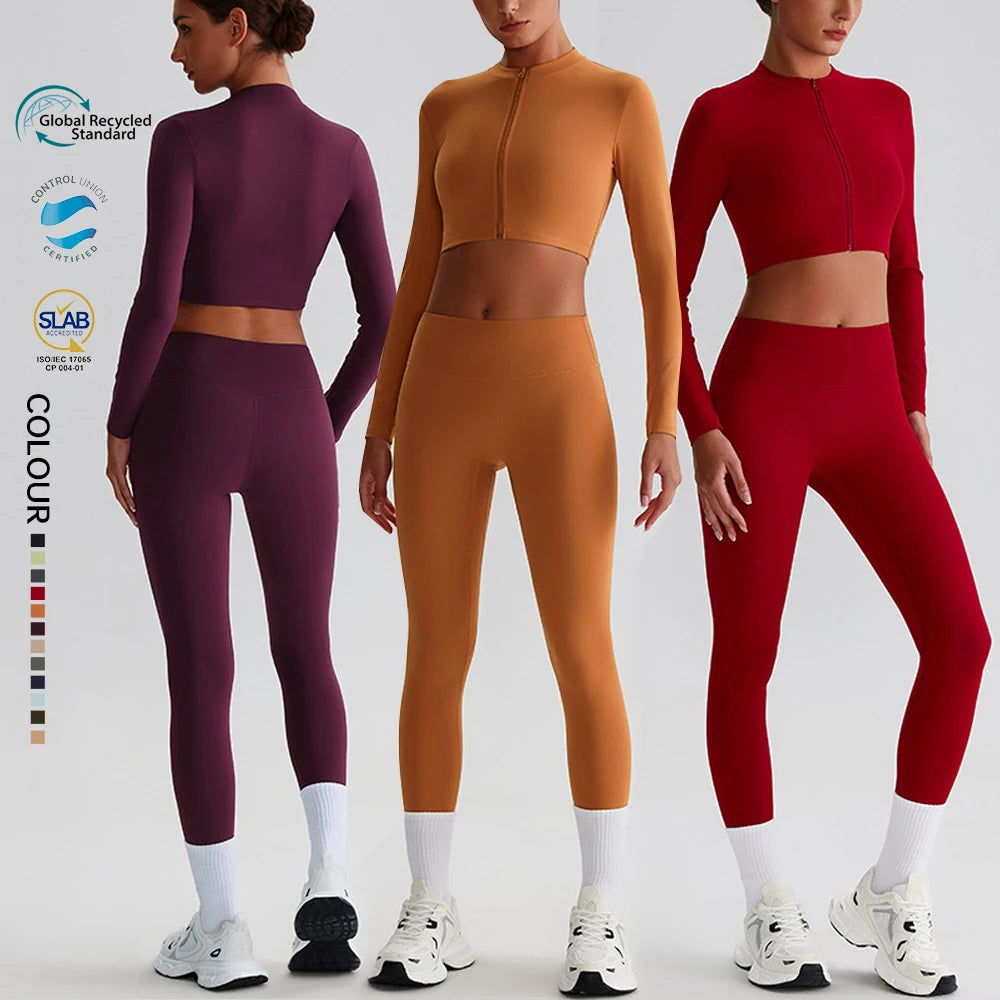 SHINBENE Sustainable Solid Breathable Zip Long Sleeve Leggings Gym Fitness Sets Recycled Polyester Women's Workout 2Pcs Set Plus