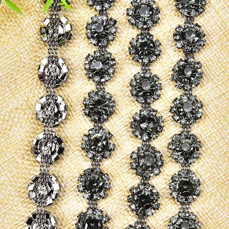 1.4cm Black Diamond Crystal Flower Cup Chain Clothing Lace Rhinestone Trims for Collar Necklace Shoes Bags Sewing Accessories
