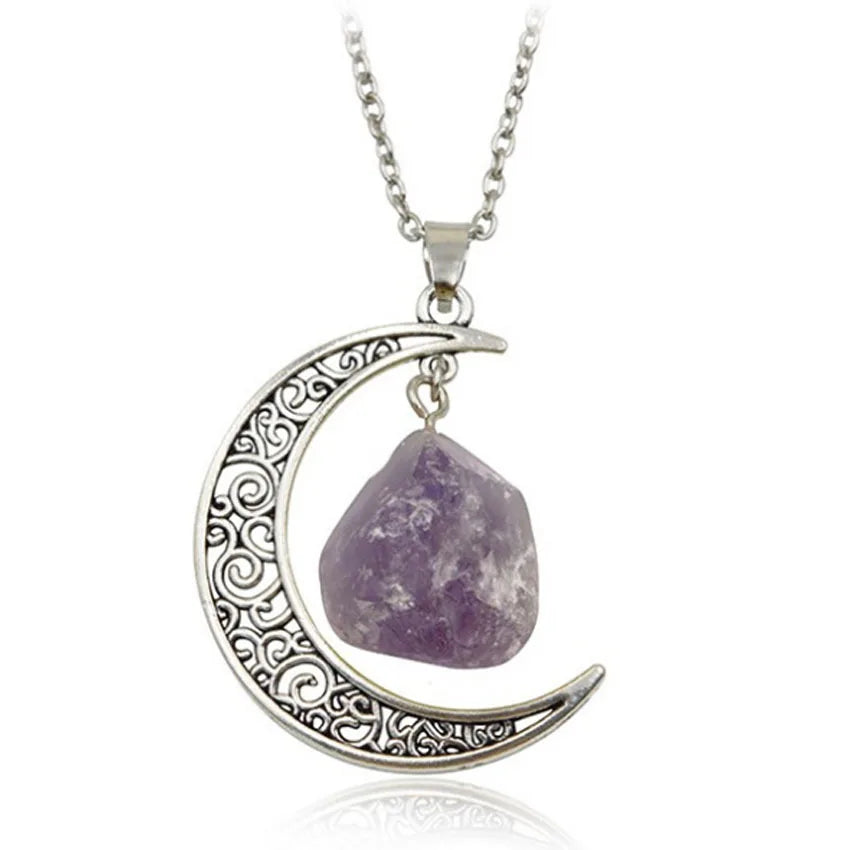 Collar De Luna Hollow Crystal Moon Pendant Necklace Vintage Silver Plated Collar De Piedra Natural Stone Moon Necklace for Women