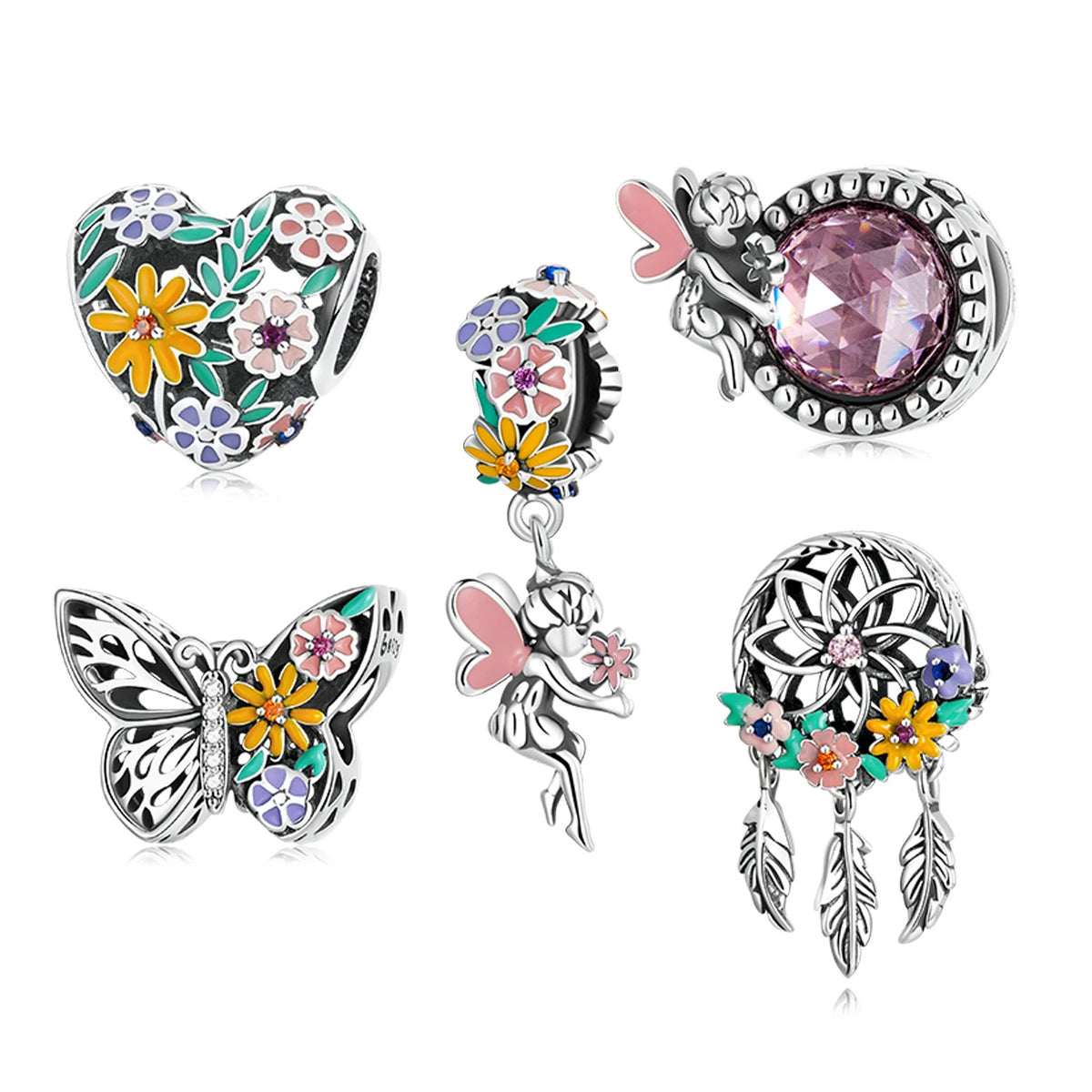 Qings BSC588 Classic 925 Sterling Silver Charms Pendants Cubic Zirconia-Heart Flower Eye Dream Catcher Beads for Anniversary