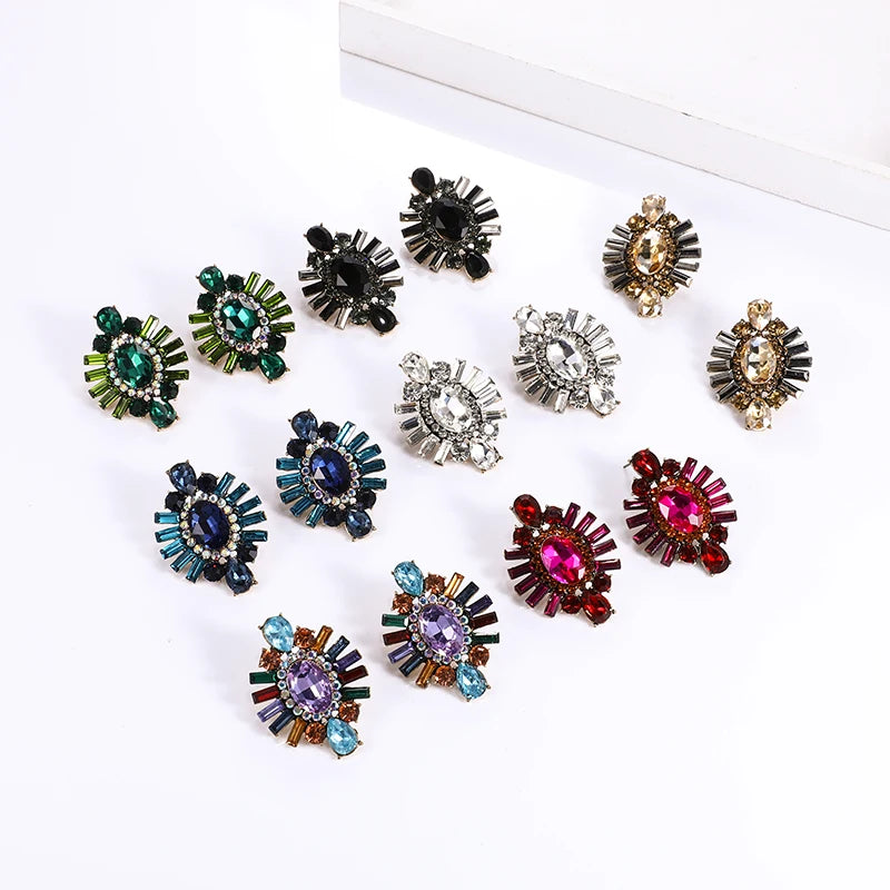Simple Colorful Gemstone Turtle Shell Stud Earrings Rainbow Rhinestone Crystal Geometric Vintage Earrings