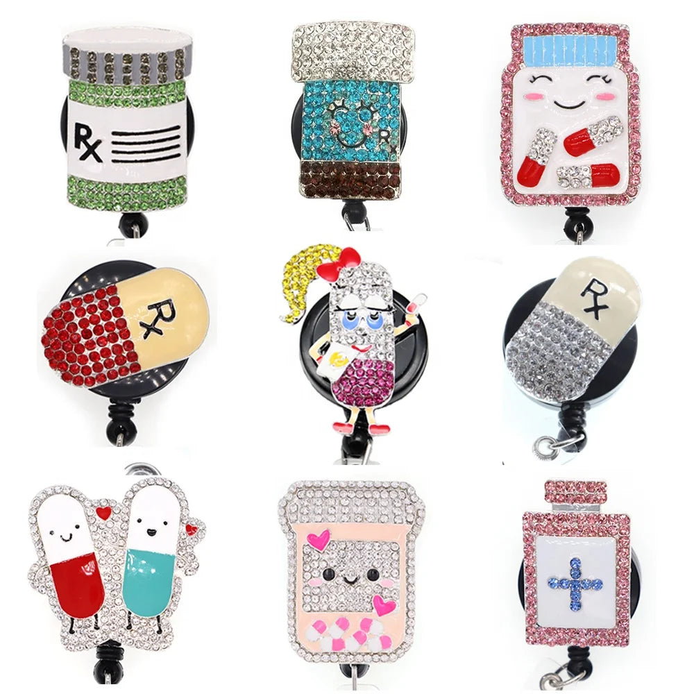 RX Pharmacy Nurse Retractable Sparkles Rhinestone Badge Holder Clip Office Supplies & Nursing Accessories