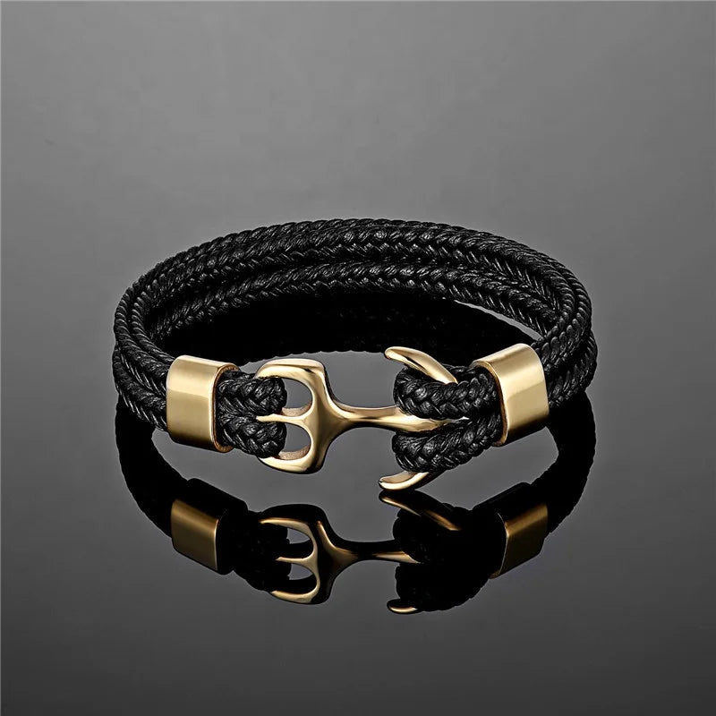 Fashion men's woven leather bracelet wholesale Wholesale Custom Logo charm stainless steel anchor bracelet