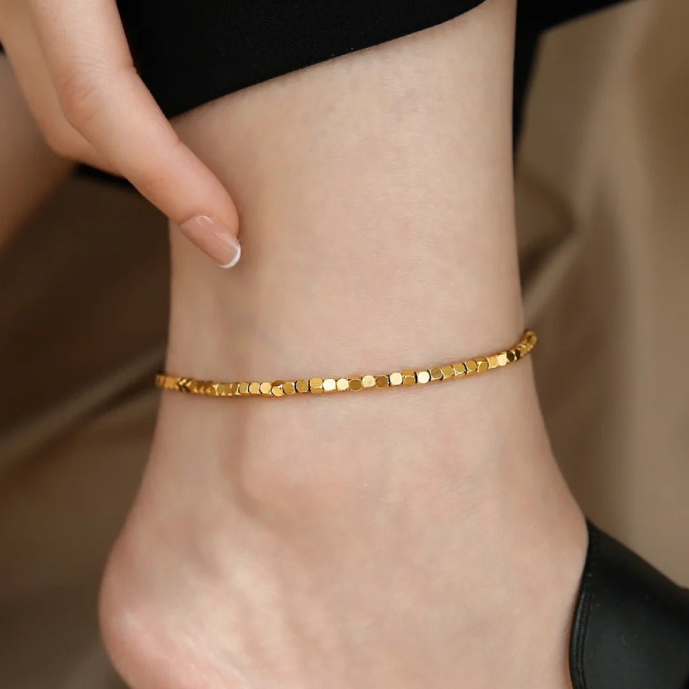 Non Tarnish 18K Gold PVD Plated Summer Beach Stainless Steel Square Cubic Beads Charms DIY Women Foot Jewelry Anklets