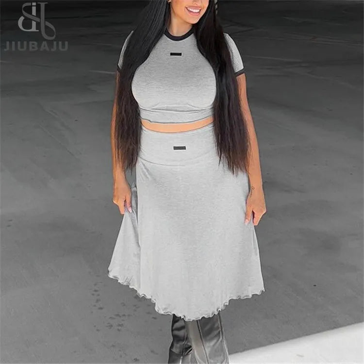 2025 Summer Trend 2 Piece Set Casual Simple Applique Shorts Sleeve Crop Tops+Mid Skirts Fashion Matching Set