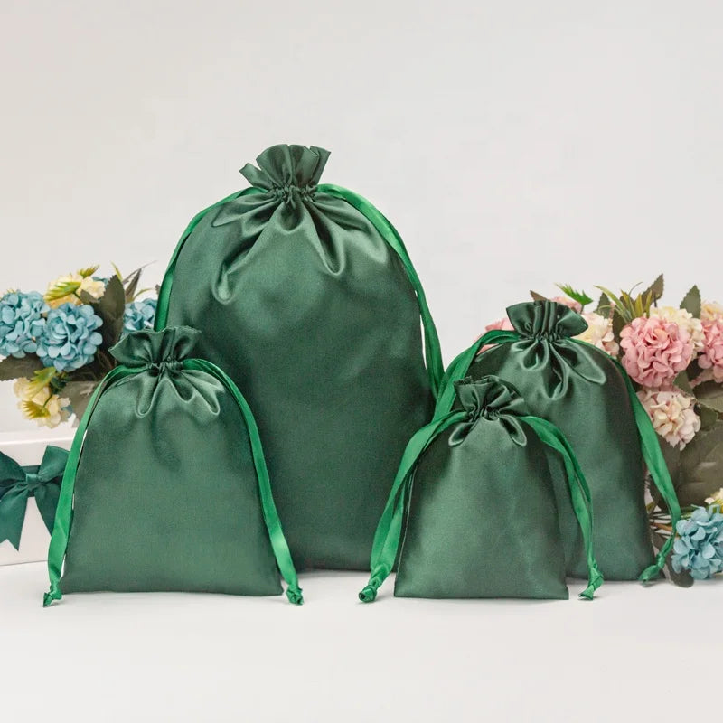 Custom Luxury Soft Green Satin Bags Gift Wig Clothing Packaging Satin Drawstring Pouch