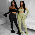 2025 New Fashion Women One Shoulder Two Piece Set Crop Top Leggings Flare Sleeve Set