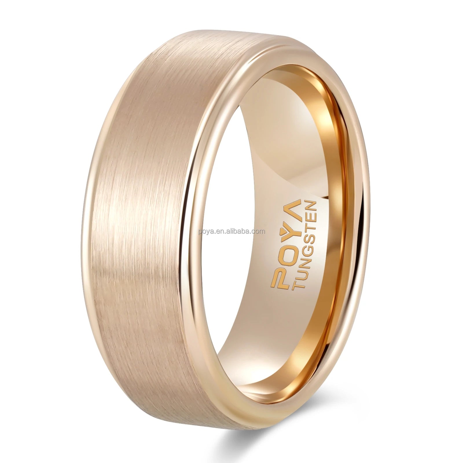 POYA Unisex Classic Tungsten Ring Rose Gold Plated Stepped Edges Wedding Band for Engagement & Gift
