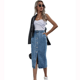 2023 New Summer Women's European and American Fashion All-match High Waist Single-breasted Denim Skirt