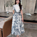 Women's Summer New Stand up Collar Spliced Ink Print Short Sleeve Casual Dress