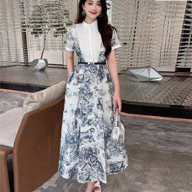 Women's Summer New Stand up Collar Spliced Ink Print Short Sleeve Casual Dress