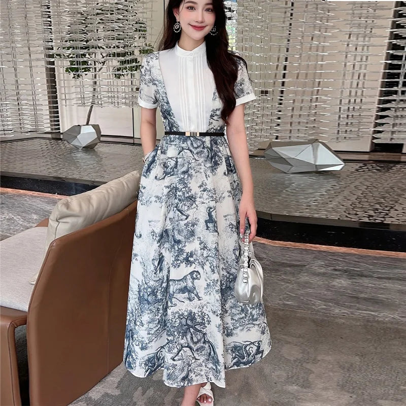 Women's Summer New Stand up Collar Spliced Ink Print Short Sleeve Casual Dress