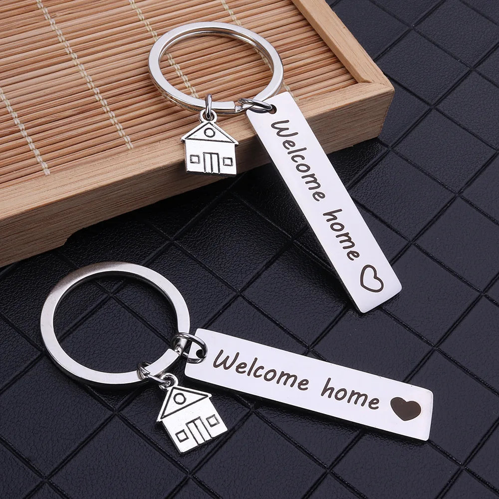 New Wholesale Custom logo Stainless Steel Welcome Home Keychain Metal House Shape Friend Gift Best Blank Real Estate Key Chains