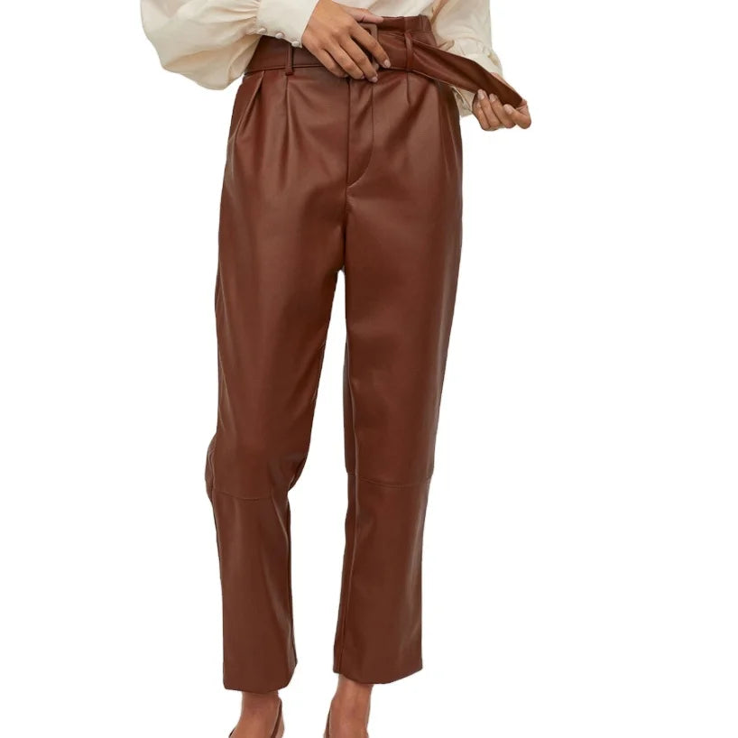 PU Leather High Waisted Pants Women Fashion Loose Faux Leather Trousers Women Elegant Pockets Pants Female Ladies 3 Color Beige
