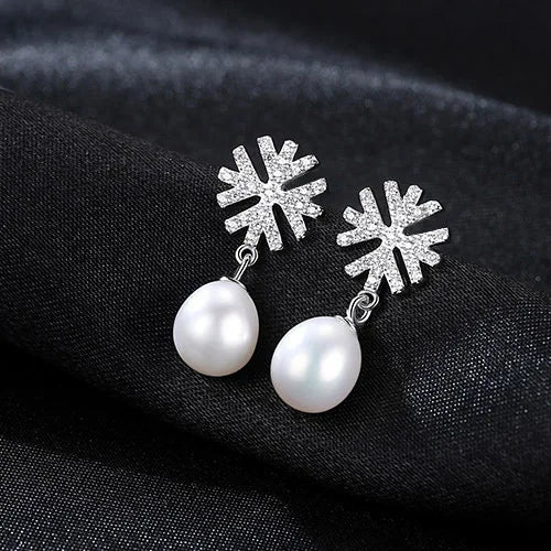 Daidan Freshwater Pearl Stud Elegant Statement 925 Sterling Silver Drop Zirconia Snowflake Earrings