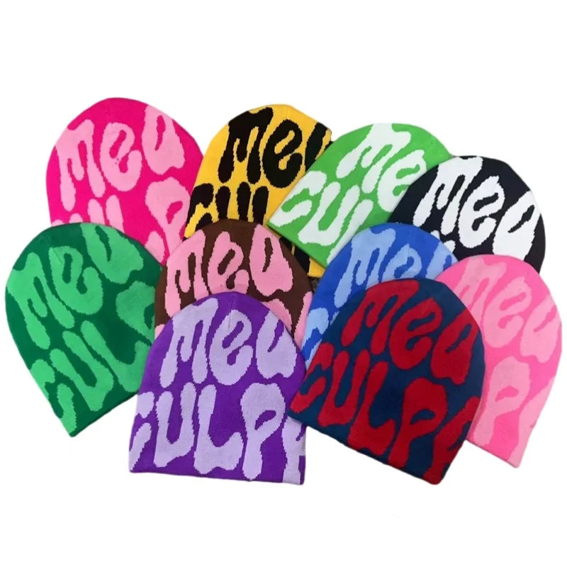 Custom Manufacturing With Logo All Over Print Designer Acrylic Unisex Jaquards Graphic Y2K Style Jacquard Mea Culpa Beanie Hats