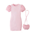 Hot Selling Cotton Girl Dress for Summer Solid Color Short Sleeved Decorated with Flowers Knee-Length Children's Clothing