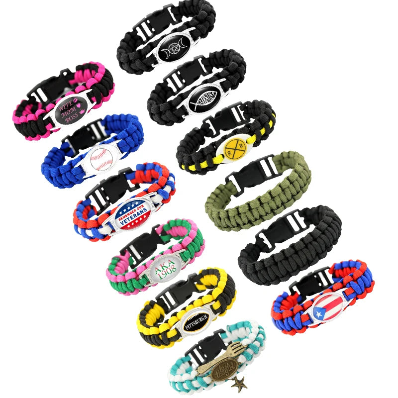 Jesus Fish Love Triple Moon Veterans Baseball Mom Puerto Ricos Flag Rail Road Crossing Sign AKA Paracord Survival Bracelet