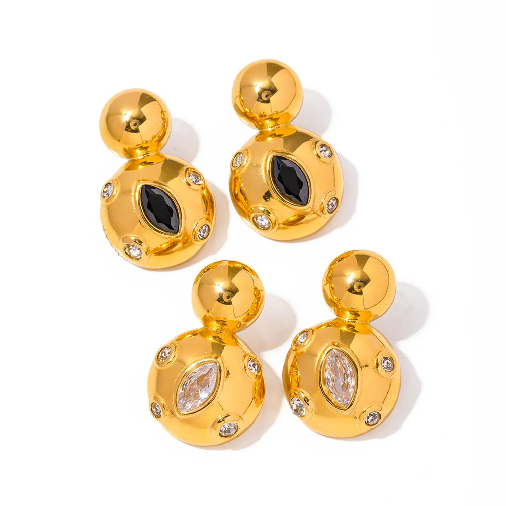 Fashion Trendy Women 18K Gold Stainless Steel Double Round Ball Drop Earrings Accessories