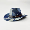 Fashion Design Vintage Rolled Brim Jazz Hat with Contrast Color Distressed Denim Hat Western Cowboy Hat for Outdoor Casual