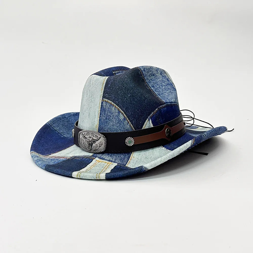 Fashion Design Vintage Rolled Brim Jazz Hat with Contrast Color Distressed Denim Hat Western Cowboy Hat for Outdoor Casual